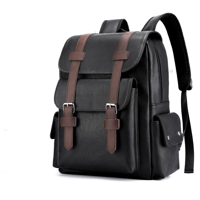 Mochila vintage de cuero gran capacidad en color negro, ideal para uso diario y trabajo.